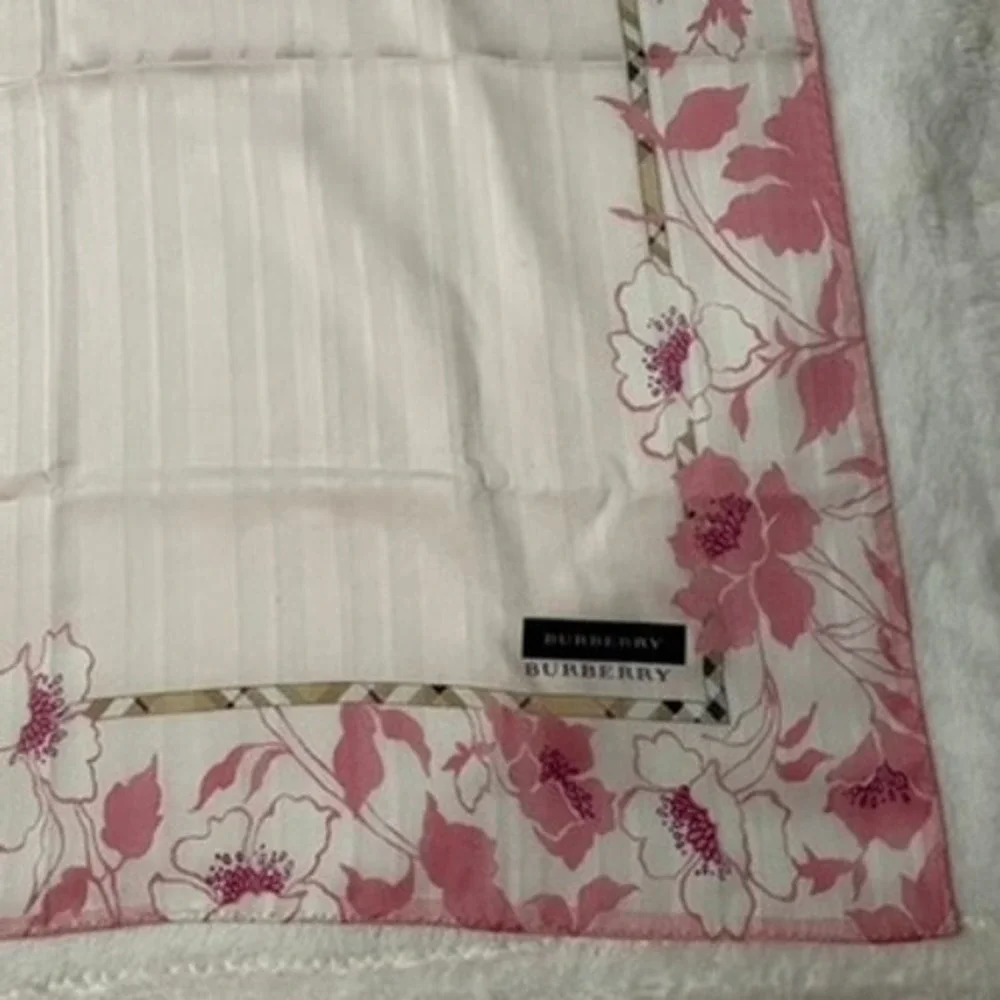Vtg BURBERRY Scarf Handkerchief Floral Rose Cotton Pink White 19